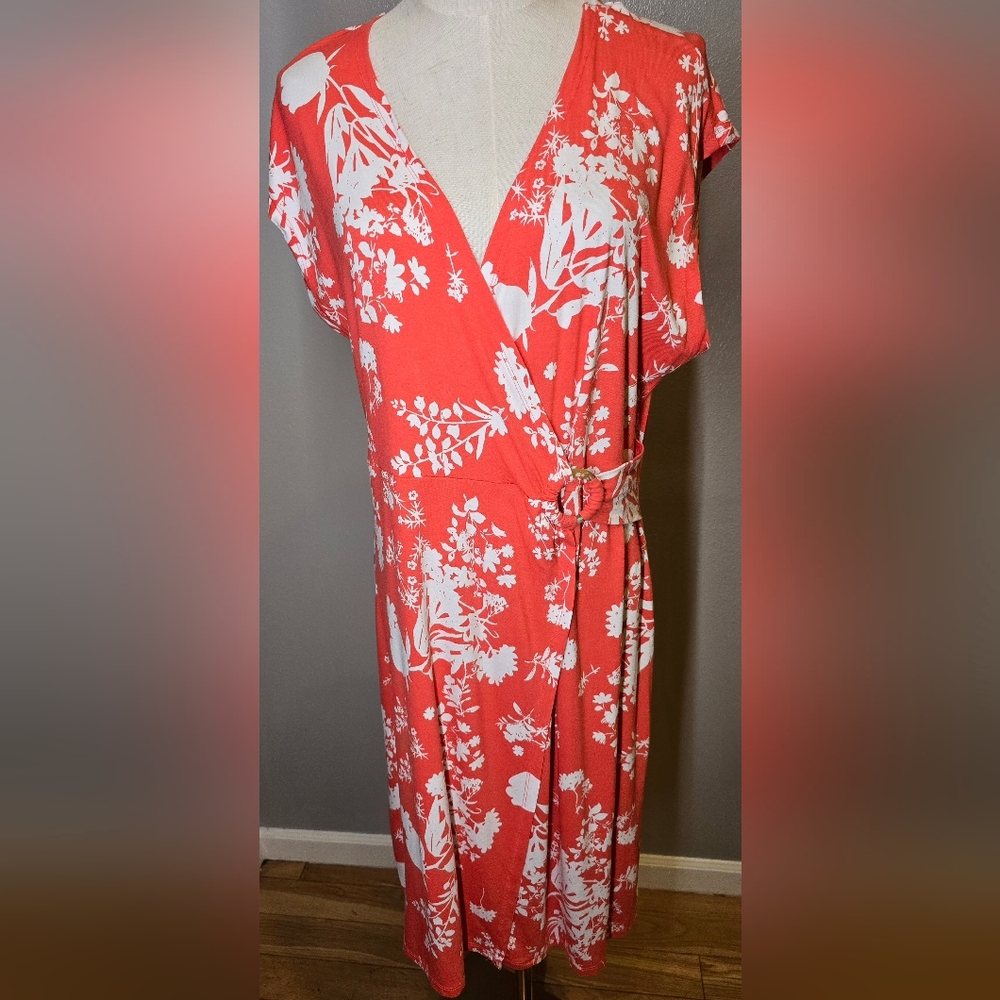 Coral Floral Wrap Dress with White Print